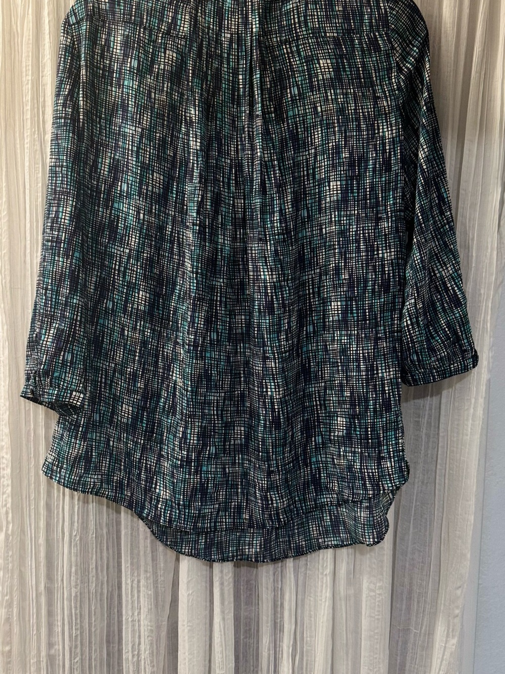NYDJ Grid-Pattern Long Sleeve Blouse in Teal, Black and White
